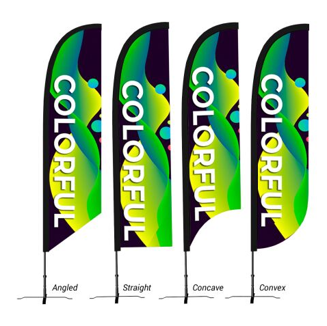 Four feather-style promotional flags shown on poles against a white background, each with a black border and a colorful abstract design in green, yellow, blue, and purple. The word 'COLORFUL' appears vertically in white on each flag.