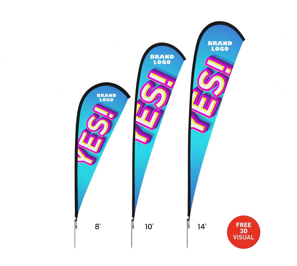 Three feather-style promotional flags in 8', 10', and 14' heights on a white background, each with a blue gradient design, large 'YES!' text in pink and yellow, and 'BRAND LOGO' text near the top. A red circular badge in the lower right says 'FREE 3D VISUAL'.